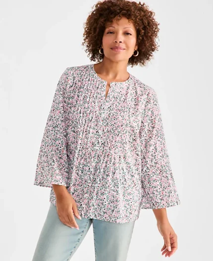 Women's Cotton Printed 3/4-Sleeve Blouse, Exclusively at Macy's
